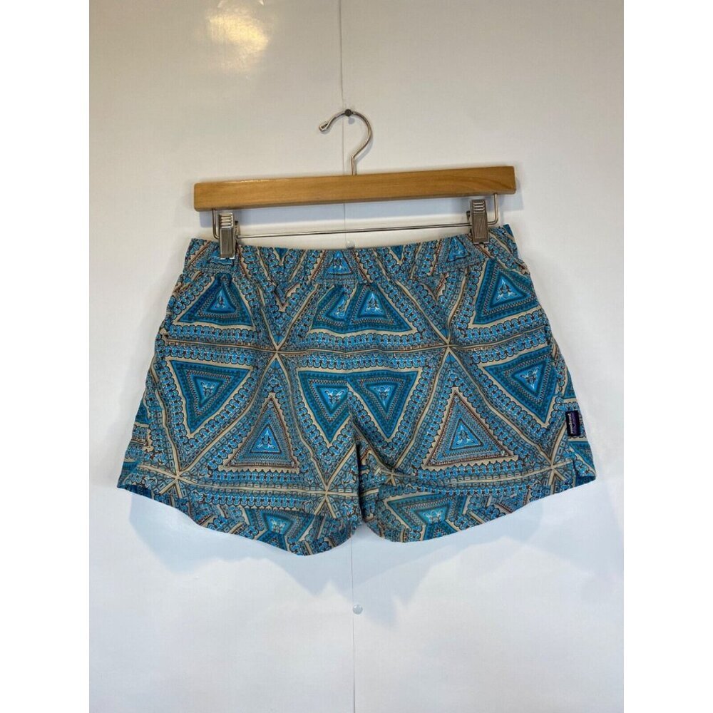 Patagonia Medium Teal Blue BRown Aztec Triangle Print Barely Baggies Shorts